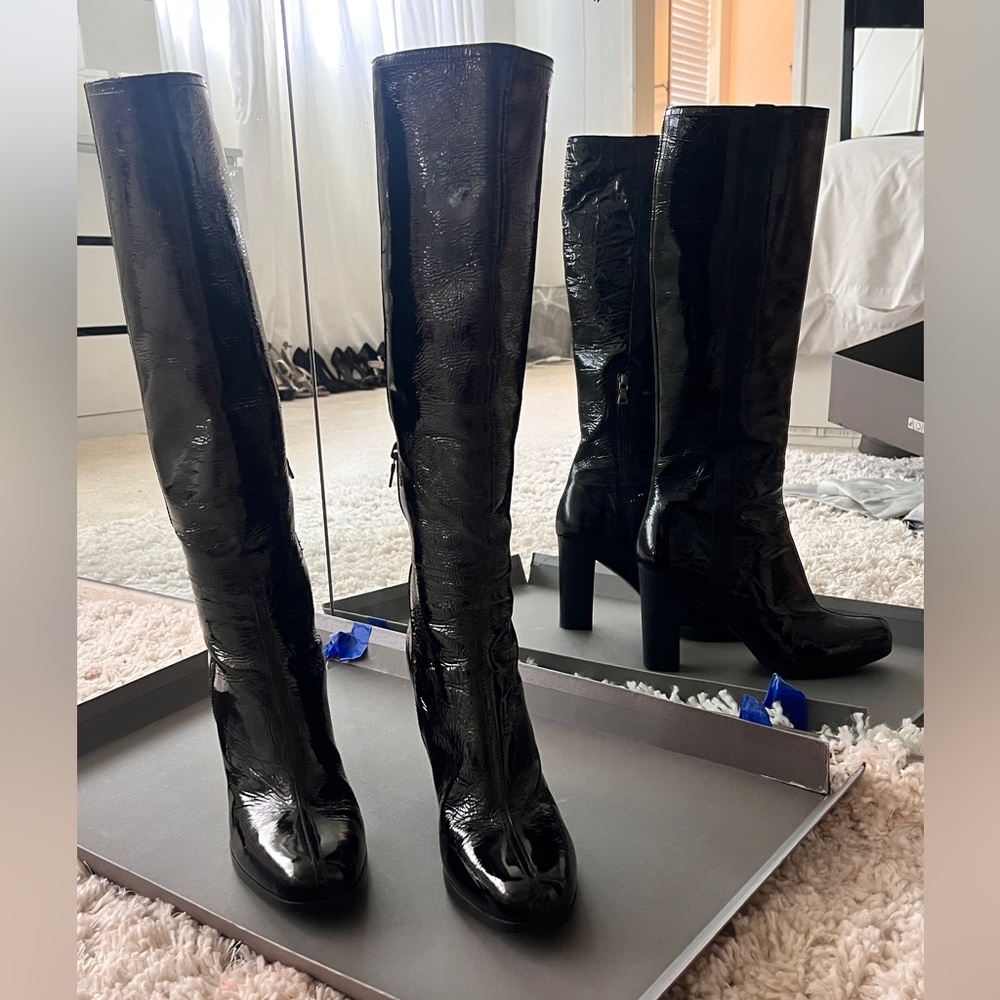 PRADA black patent leather boots with rubber heel and sole